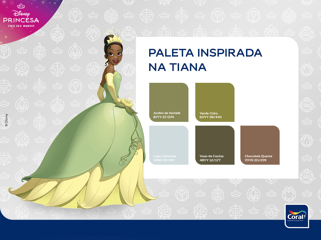 Paleta inspirada na Tiana. Imagem: Coral Matiz