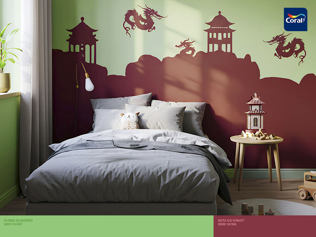 Quarto de princesas inspirado na coragem e perseverança da Mulan. Imagem: Coral Matiz