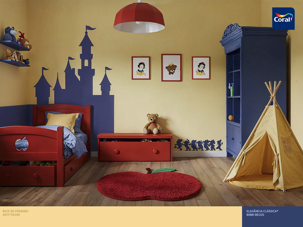 Quarto de princesas inspirado na doçura da Branca de Neve. Imagem: Coral Matiz