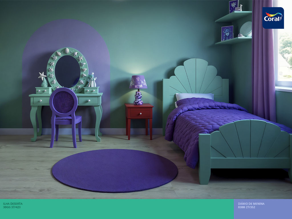 Quarto de princesas inspirado no mundo mágico da Ariel. Imagem: Coral Matiz
