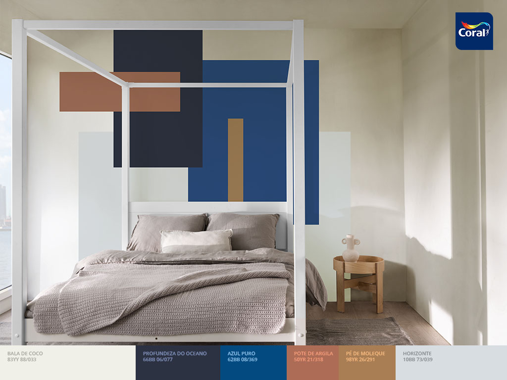 Crie uma paleta equilibrada e moderna para o quarto azul. Imagem: Coral Matiz