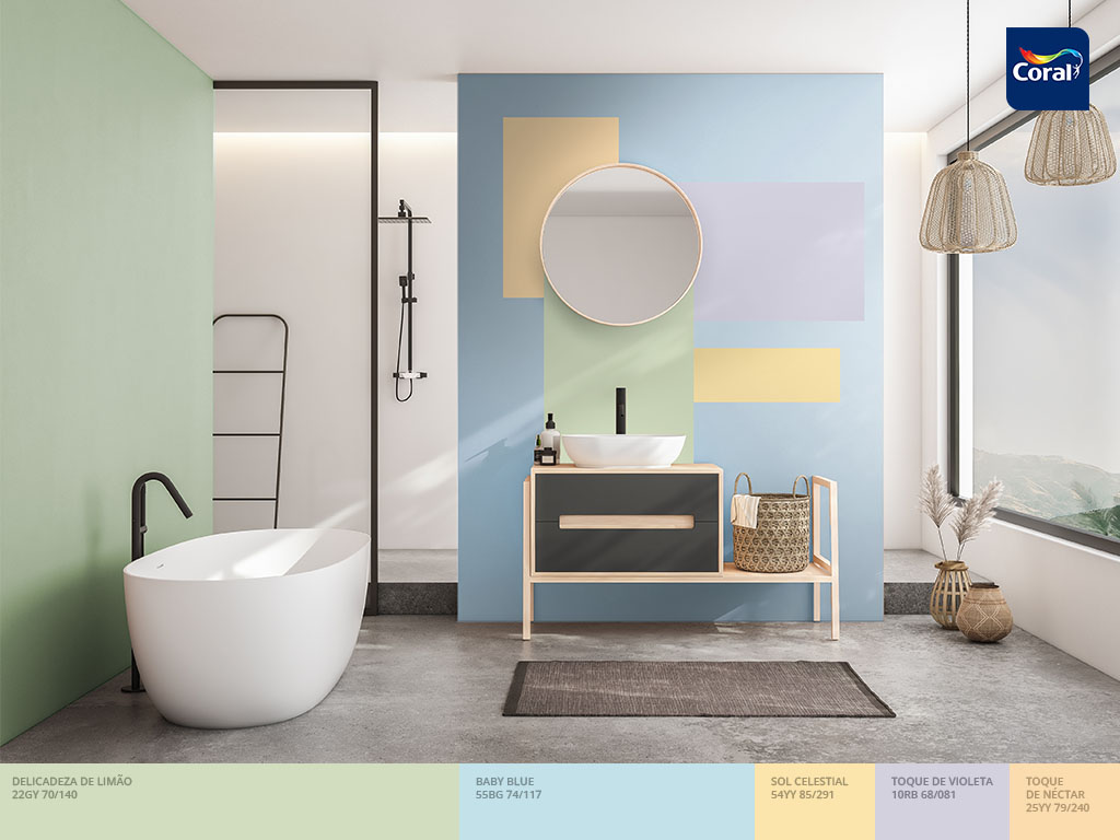 As candy colors trazem um toque autêntico para o banheiro. Imagem Coral Matiz As candy colors trazem um toque autêntico para o banheiro. Imagem Coral Matiz
